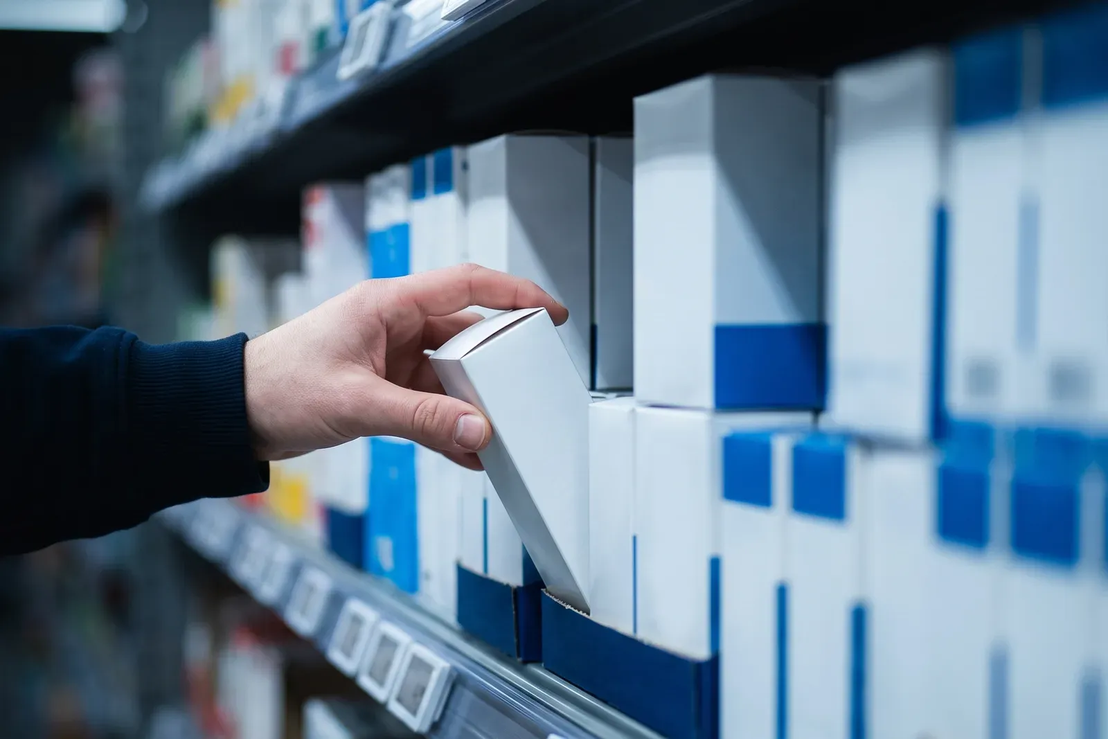 Dłoń sięgająca po opakowanie z aptecznej półki, pozostałe preparaty rozmyte