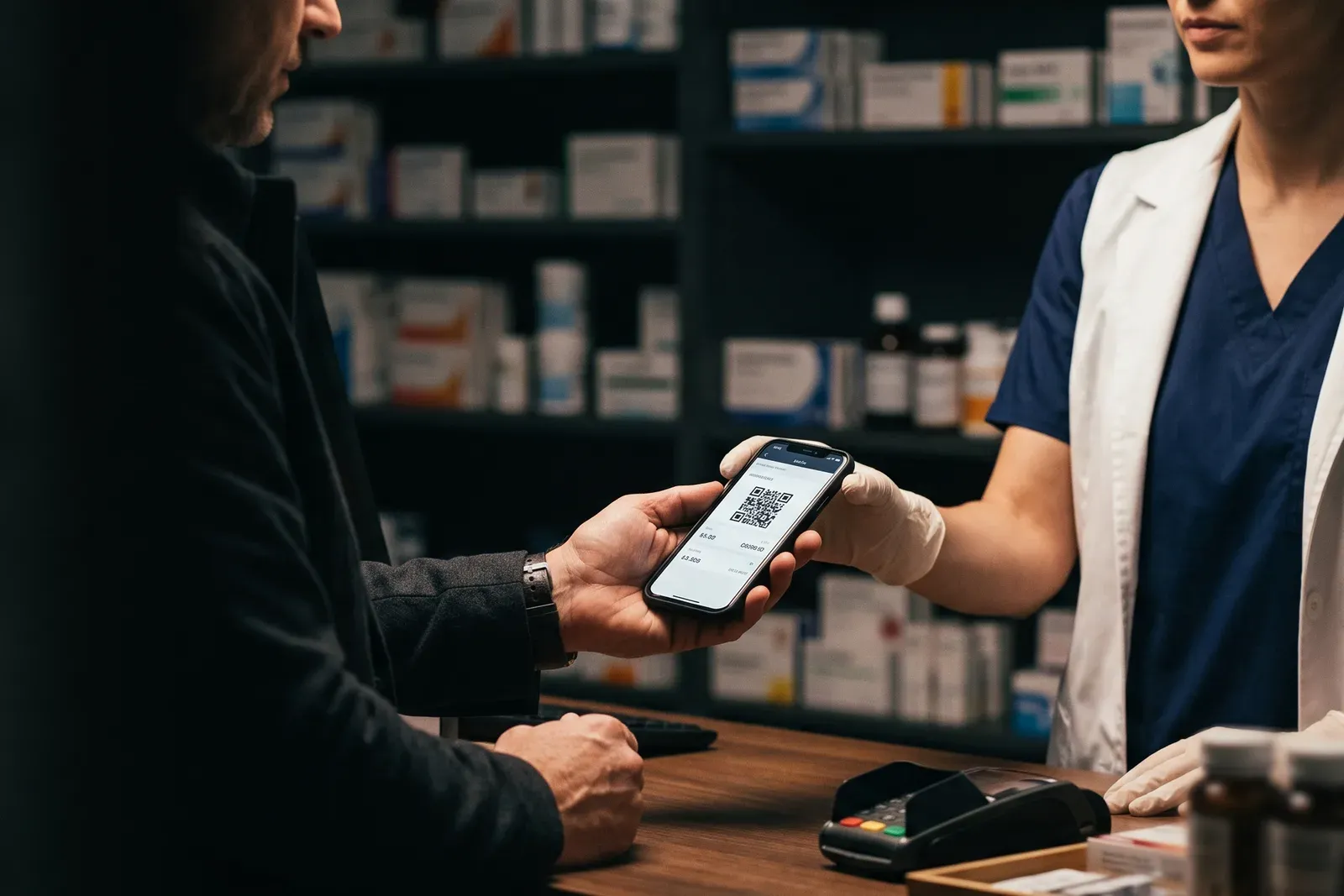 Pacjent podaje farmaceutce telefon z kodem e-recepty przy aptecznej ladzie